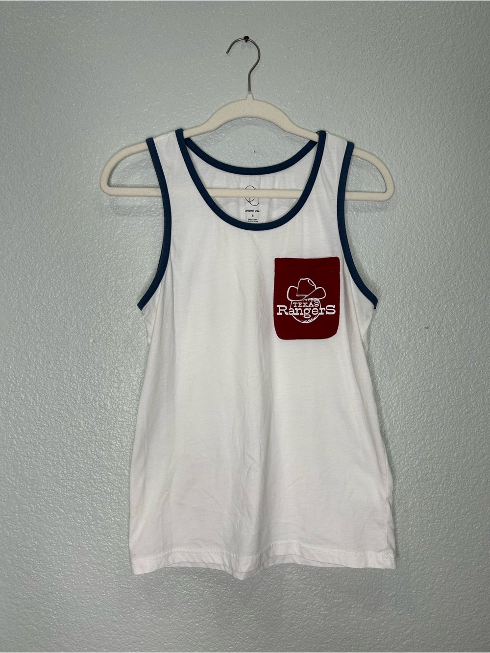 Texas Rangers White Tank Top with Navy Trim and Red Pocket
